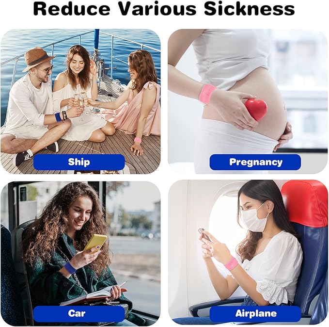 Motion Sickness Relief Bands, 8pcs Motion Travel Sickness Wristbands Natural Acupressure Nausea Relief Wristband for Pregnancy Morning Car Sea Flying Trip Dizziness Anxiety