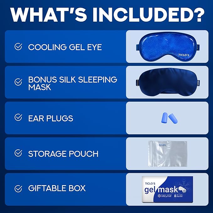 Ticlo's Cooling Eye Mask for Puffy Eyes - Gel Mask for Sleeping, Cold Compress for Dark Circles, Reusable for Migraines, Headaches, and Post-Surgery Recovery, Ice Pack