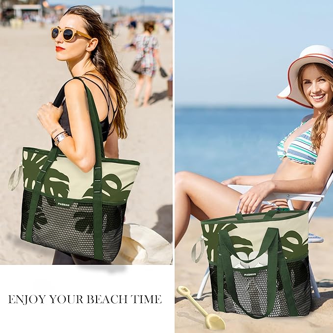 Beach Bag with Zipper - 8 Pockets Sandproof Beach Tote Bag for Women,Foldable Lightweight Family Swim Bag Vacation
