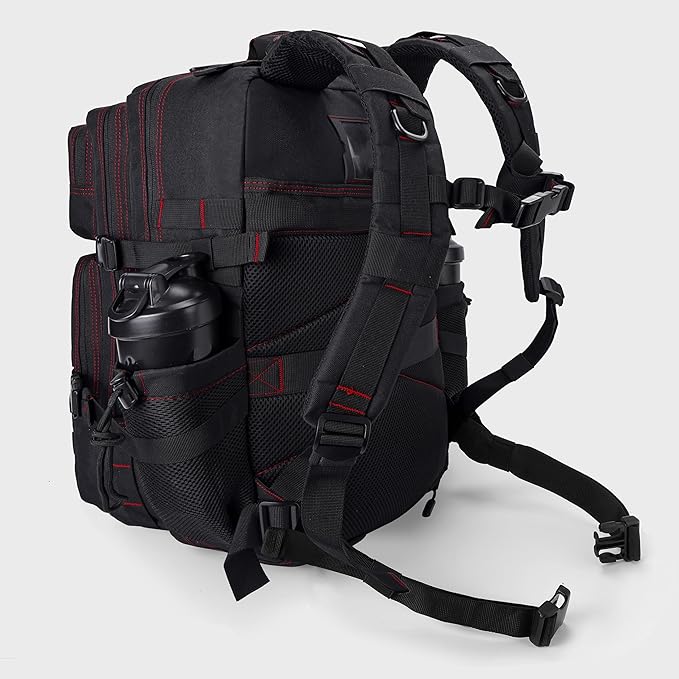 LHI Military Tactical Backpack for Men and Women 45L Army 3 Days Assault Pack Bag Large Rucksack with Shoe Compartment - Black red line