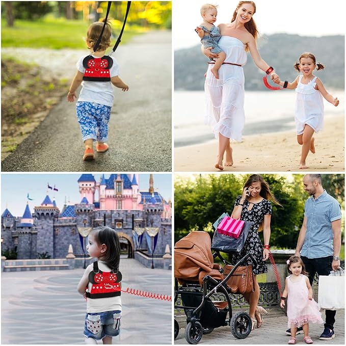 Lehoo Castle Toddler Leash for 1-5 Years, Baby Safety Harness for Girls with Anti-Lost Key Lock & Adjustable Strap, 3-in-1 Wrist Leash and Kids Backpack Harness for Walking Travel (Red Minnie Mouse)