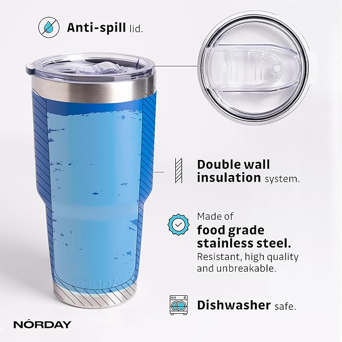 NORDAY | Tumbler with Lid - 30oz - Blue Insulated Tumbler - Stainless Steel Tumblers - Double Wall Vacuum Insulated Travel Coffee Mug for Car Cup Holder - Keeps Temperature for 24hr - Anti Spill Lid