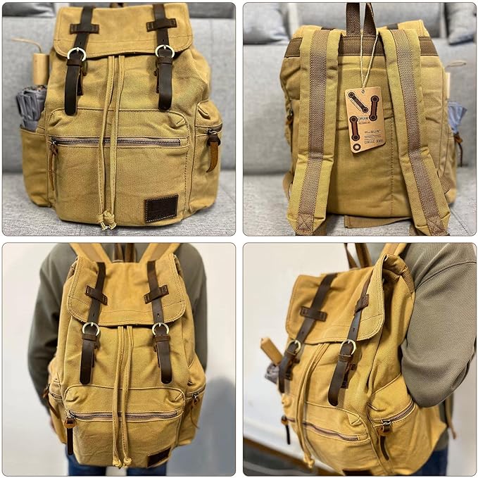 AUGUR High Capacity Canvas Vintage Backpack - for School Travel 12-15" Laptop Backapcks for Men Casual Daypacks Rucksack (M-Khaki)