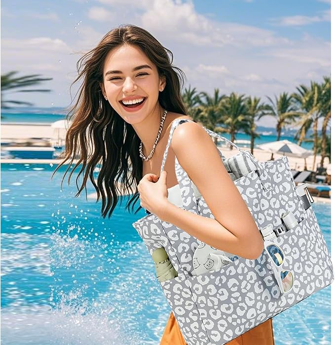 LEDAOU Large Beach Tote Bag Women Waterproof Sandproof Zipper Beach Tote Bag for Pool Gym Grocery Travel with Wet Pocket