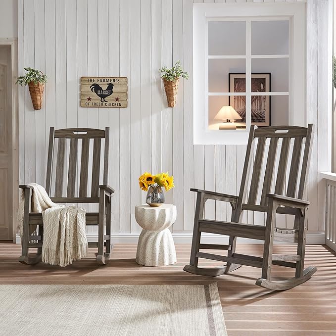 Psilvam Outdoor Rocking Chair, Poly Lumber Oversized Rocking Chair with 21" Wide Seat and 32" Tall Backrest, Pre-Assembled with Most Components for Effortless Installation(Light Gray)