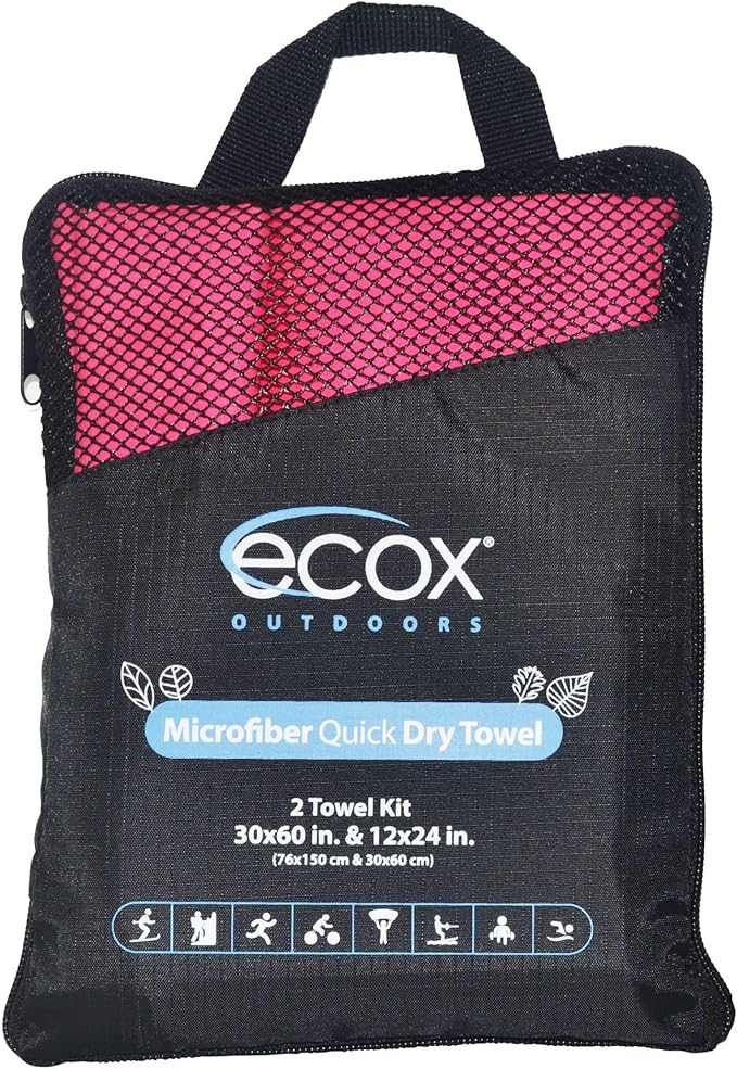 Outdoors Microfiber Towel Fast Drying Soft Feel Fast Action Drying for Gym Beach Outdoors Travel Yoga Camping Compact Size 2 Piece Set 30x60 in and 12x24 in Red MFT2PRD