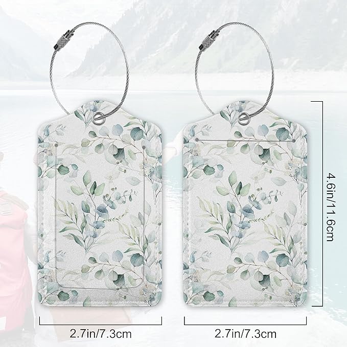 2Pcs Luggage Tag for Suitcase Sage Floral Green Leaves Cute Suitcase Tag with Privacy Flap & Name ID Label & Metal Loop,Travel Bag Luggage Tags for Women