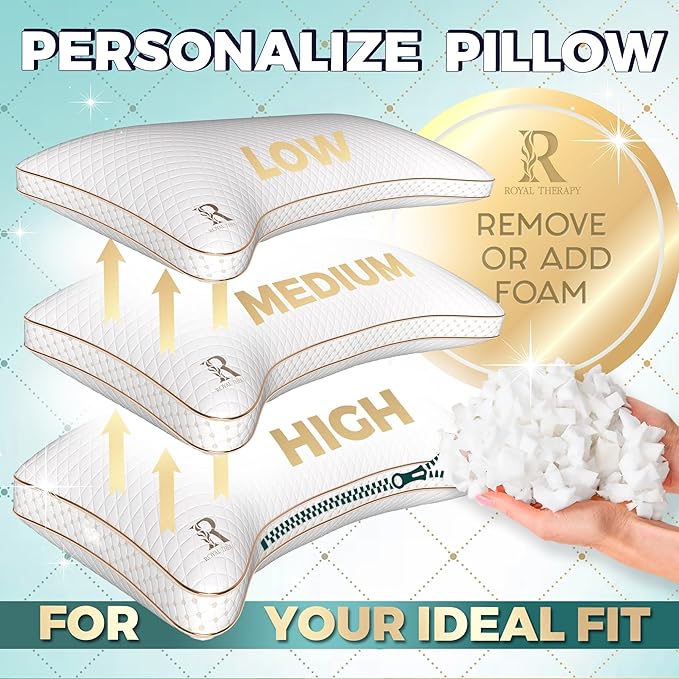 Royal Therapy Queen Memory Foam Pillows - Shredded Memory Foam Pillow for All Sleep Positions - Medium Firm Pillow with Adjustable, Bamboo Rayon Cover, CertiPUR-US, Oeko-TEX Certified