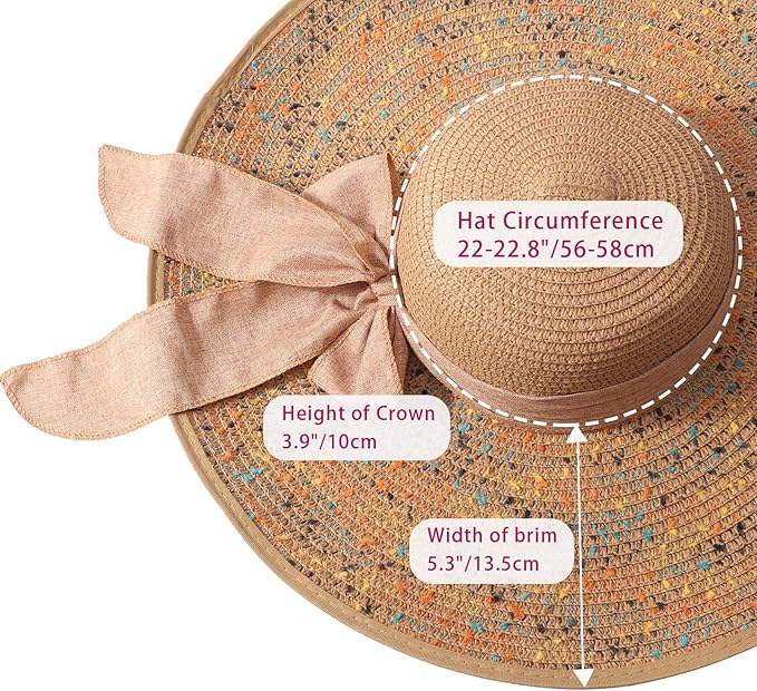 DRESHOW Beach Hats for Women Big Straw Wide Brim Summer Hat Floppy Foldable Roll up Cap Sun Hat UPF 50+