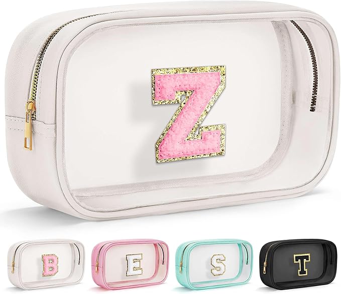 YOOLIFE Initial Makeup Bag Travel Toiletry Bag, Clear Makeup Bag Preppy Cosmetic Bag Clear Makeup Bags With Zipper Girlfriend Teacher 7 Year Old Girl Gifts Daughter Gifts Swim Gifts For Girls White Z