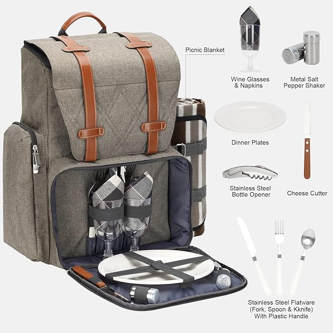 Picnic Backpack for 2 Person with Large Insulated Cooler Bag, Picnic Basket Set with Wine Pouch, Waterproof Picnic Blanket & Cutlery Set. Perfect for Beach, Camping,Wedding Gift for Couple.Beige