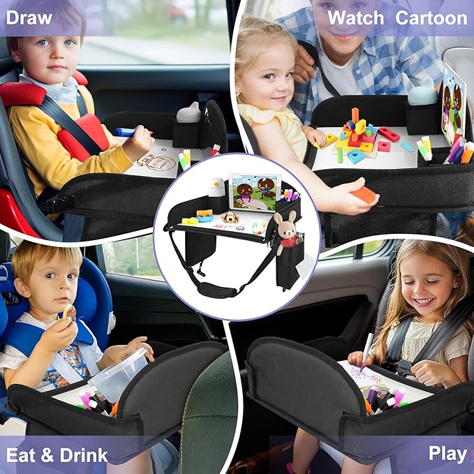 Kids Travel Tray, Kids Travel Trays for Car Seat, Road Trip Essentials for Toddler, Carseat Lap Tray with Dry Erase Board & Storage Organizer for Road Trip Activities for Kid, Black