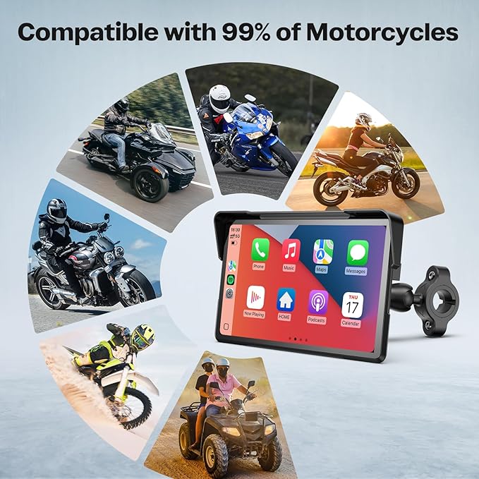 WonVon 7 Inch Wireless Motorcycle Carplay GPS Navigation System with Apple Carplay and Android Auto Portable Screen with Dual Bluetooth, Navigation, Siri, Google Assistant