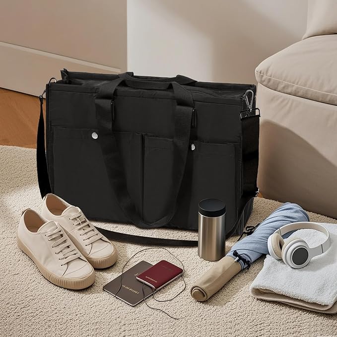 Closeable Tote Bag with 12 Pockets,Thick Bottom Support & Adjustable Strap,Water-Resistant