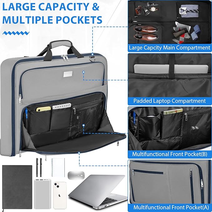 AKOZLIN Travel Luggage Garment Bag Foldable Hanging Suit Bag with Shoulder Strap For Men Women Business Grey