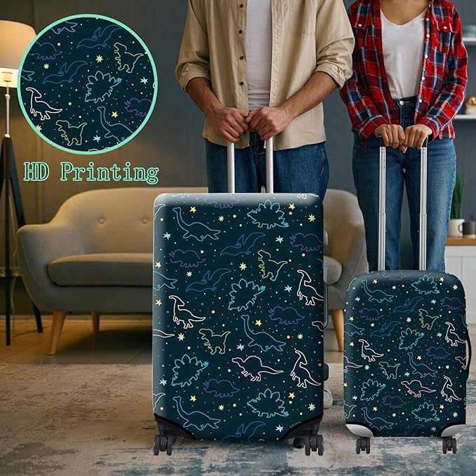 Luggage Cover Suitcase Protector Plus 1 Luggage Tag, Dinosaurs Space Travel Suitcase Cover Suitable for 22-24 inch Luggage (M) with Concealed Zipper Washable Elastic Cloth Dustproof Anti-Scratch