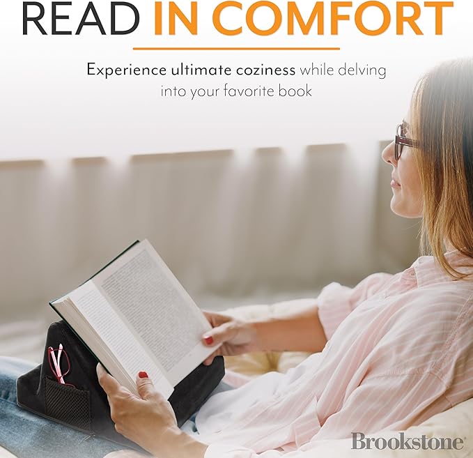 Brookstone - Memory Foam Lap Desk Tablet Holder, Holds Phones, iPads, E-Book Readers, 2 Viewing Angles, 2 Side Pockets for Accessories, Book Holder Cushion, Perfect Home, Car Travel, Flights, Black