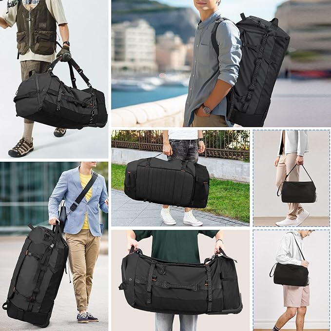 Rolling Duffle Bag with Wheels,86L 30”Folding Duffle Backpack with 2 Wheels,Travel Bag with Separate Shoe Compartment,Black