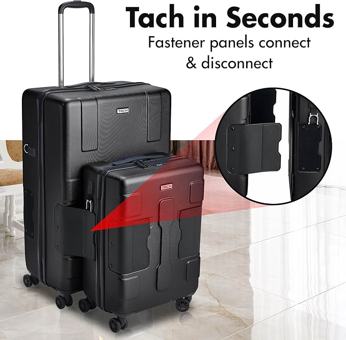 Tach V3.1 Hard Shell 2 Piece Luggage Set - 20 & 28 inch Luggage | Carry On & Large Checked Suitcases | Patented Built-In Connecting System | Rolling Suitcase Links 9 Bags (Black)