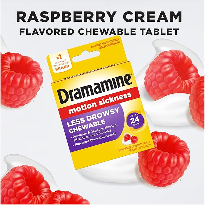 Dramamine Motion Sickness Less Drowsy, Chewables for Nausea Relief During Travel, Raspberry Cream Flavor, 12 Count