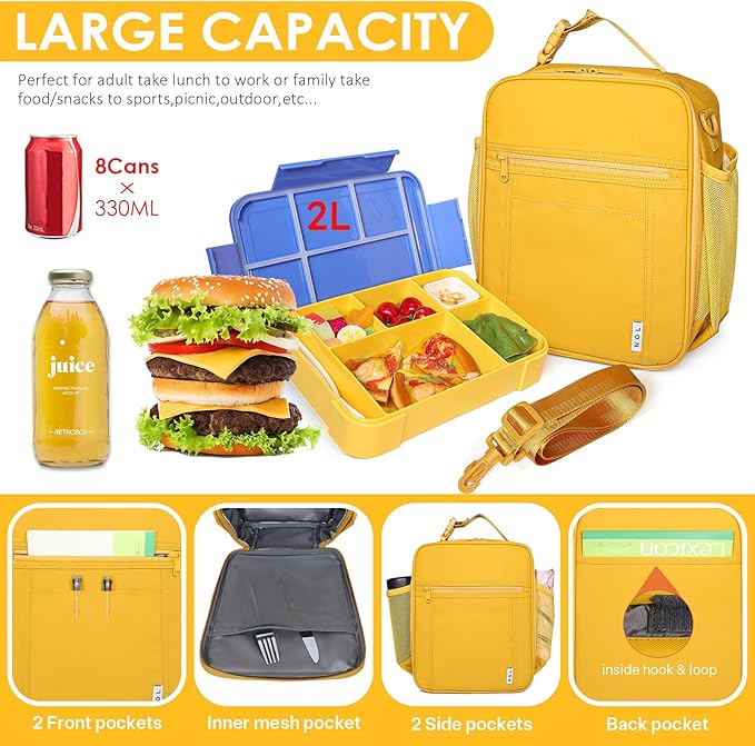 NOL Nylon Waterproof Kids Lunch Bag, Insulated Lunch Bag, Lunch box Cooler, Reusable, Zip Closure with Buckle Handle Holds Lunch Box, Snacks & Water Bottle for School Work, Earth-yellow