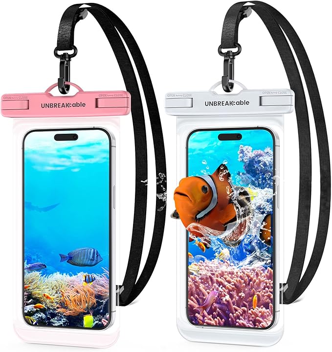 UNBREAKcable Waterproof Phone Pouch-2 Pack IPX8 Waterproof Phone Case for iPhone 16 15 14 13 12 11 Pro Max & Samsung S25 S24-Dry Bag & Travel Essentials for Beach, Pool, Kayak & Cruise-7" Pink+White