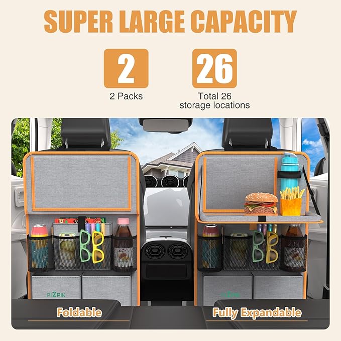 Car Backseat Organizer with Tablet Holder,11 Storage Pockets with Foldable Food Tray, Protector Kick Mats for Kids, Travel Accessories Organizer (Orange, 2Pack)