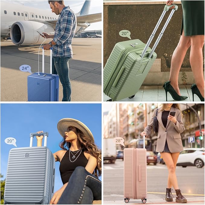 Hard Shell Suitcases Expandable Travel Luggage Sets 2 Piece, Carry on and Check in Luggage Lightweight Suitcase Set 2 Piece with Wheels Cup Holder Charger Built in (White, 20/28)