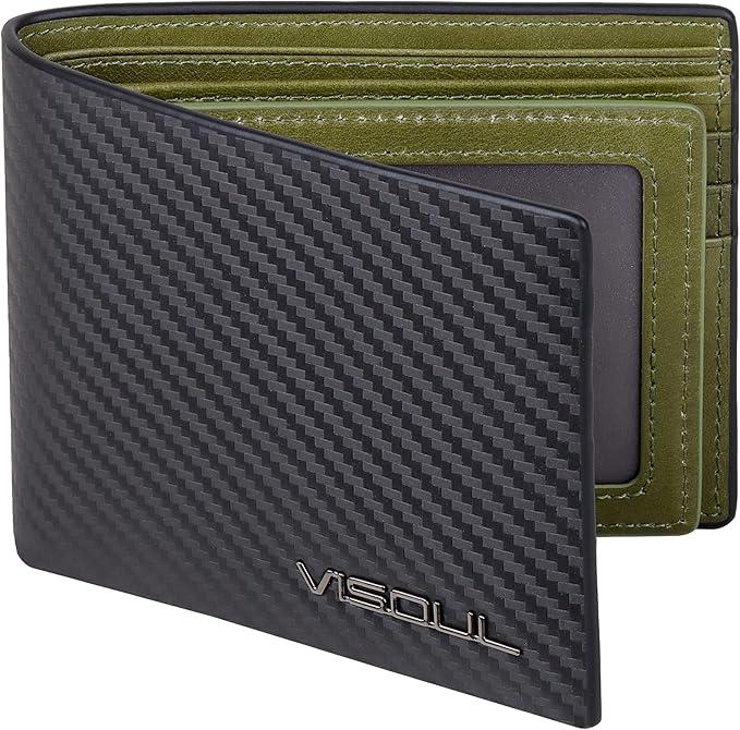 VISOUL Leather Mens Bifold RFID Blocking Wallet with 2 ID Windows, Leather Wallet for Men (Carbon Fiber, Black+Green)