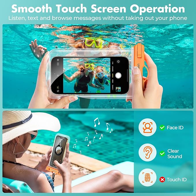 UNBREAKcable Waterproof Phone Pouch-2 Pack IPX8 Waterproof Phone Case for iPhone 16 15 14 13 12 Pro Max & Samsung S25 S24-Dry Bag & Travel Essentials for Beach, Pool, Kayak & Cruise-7" Orange + Purple
