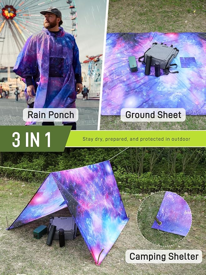 SaphiRose Extra Thick Hooded Rain Poncho Double Layer Waterproof Raincoat Jacket for Men Women Adults