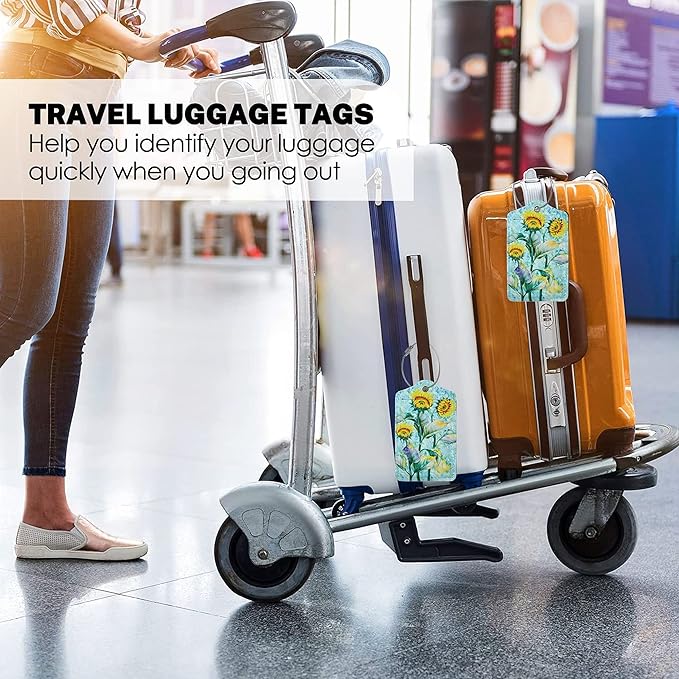 2 Pack Sunflower Luggage Tags for Suitcases Women Men Kids, Bag Tags for Leather Luggage with Waterproof Suitcase Tags Privacy Cover Name ID Label Steel Loop for Travel Bag Suitcase