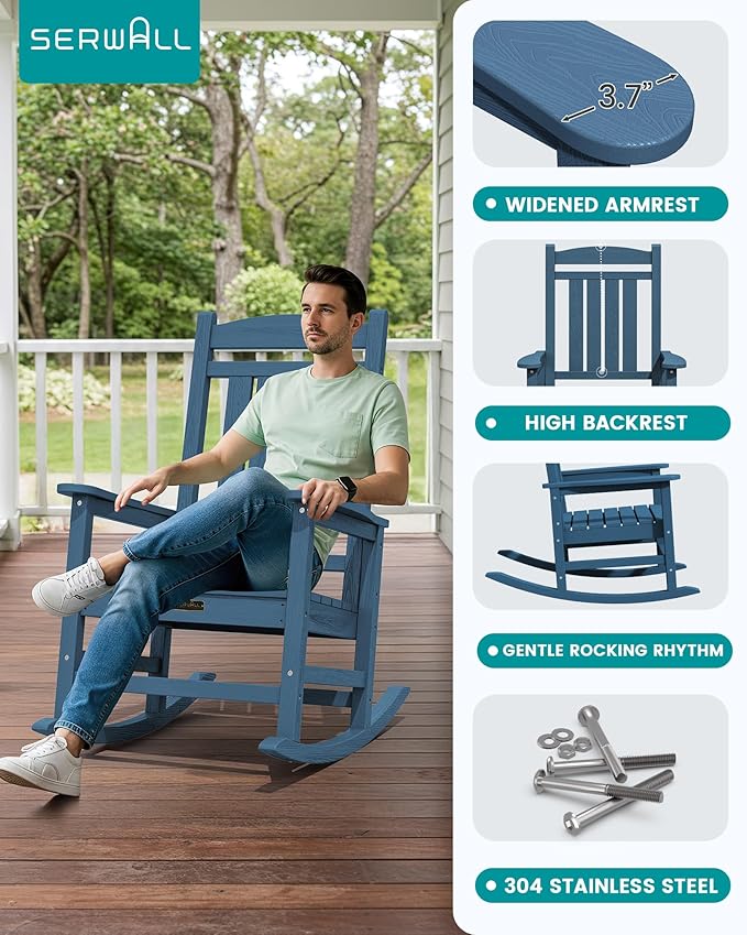 SERWALL Outdoor Rocking Chair, HDPE Patio Rocking Chair All-Weather Porch Rocker for Balcony, Yard, Blue