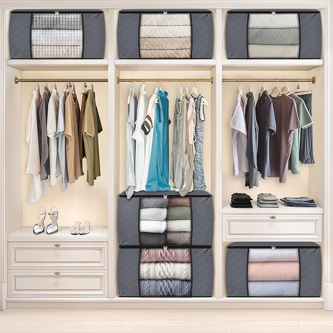 Fab totes 24 Gallons Clothes Storage, Foldable Thick Fabric Blanket Storage Bags, Containers for Organizing Bedroom, Closet, Clothing, Comforter, Organization with Handle (4 Pack,Grey)