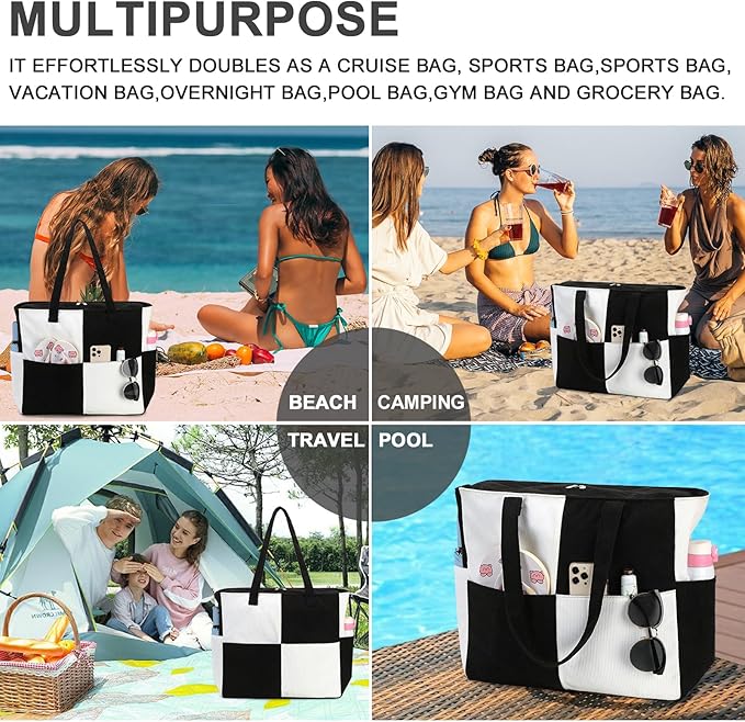 Waterproof Beach Tote Pool Bags for Women Ladies Extra Large Gym Tote Carry On Bag With Wet Compartment for Weekender Travel