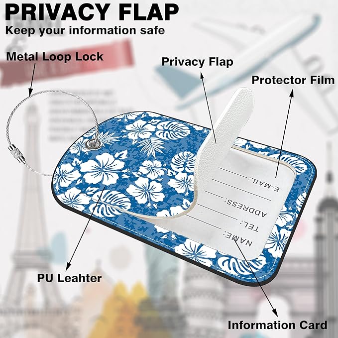 2 PCS Leather Luggage Tags for Suitcase Blue Hibiscus Travel Luggage Tag with Privacy Flap Name ID Label and Metal Loop for Travel Bag Suitcase