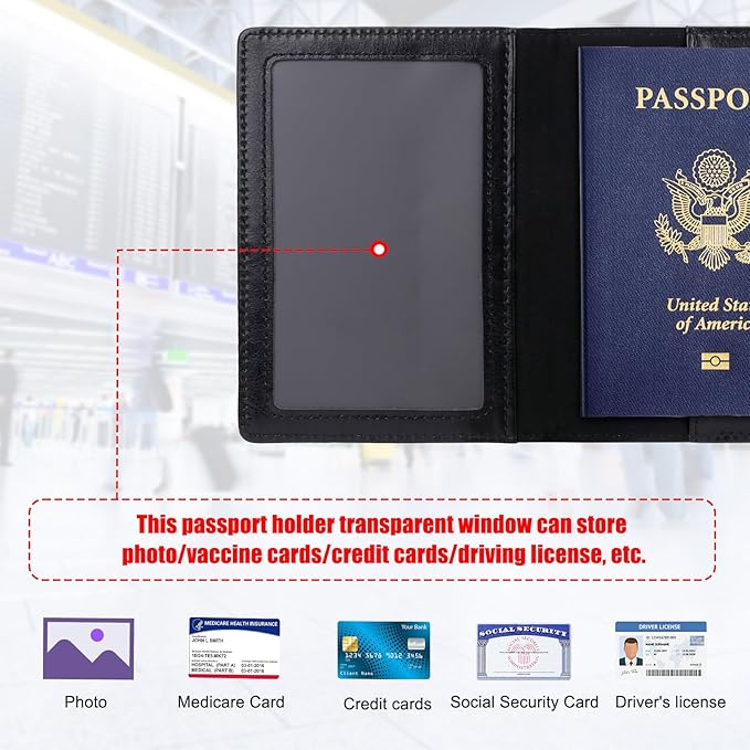 TIGARI Passport Holder for Travel Women Men, PU Leather Passport Wallet Cover Case Sleeve, Waterproof Protected Document Organizer, Family Vacation Plane Cruise Travel Essentials-Black