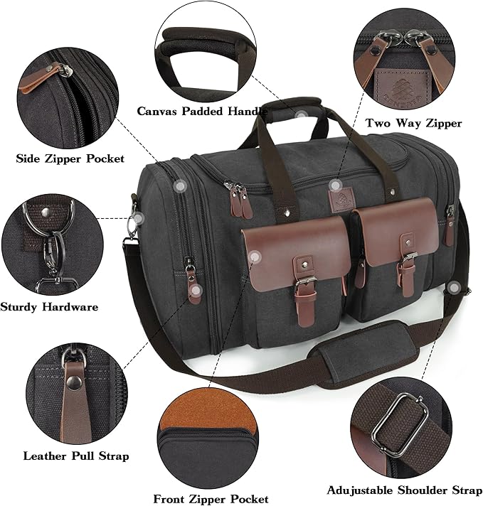 Canvas Duffle Bag for Men 50L Travel Duffel Bags Expandable Genuine Leather Overnight Weekender Carry On Bag Two Zipper Pockets Travel Bag (Black, Large-50L)