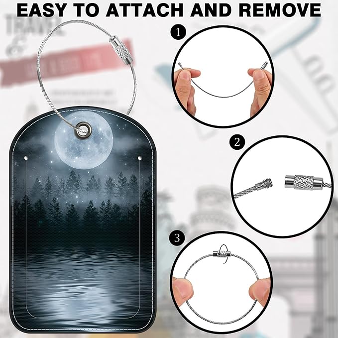 2 PCS Leather Luggage Tag for Suitcase Forest Moonlight Reflection in Water Travel Suitcase Labels with Privacy Name ID Label and Stainless Steel Loop for Adults Teens Travel Bag Labels Set