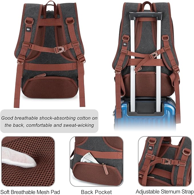 Tzowla Canvas Laptop College Backpack for Men and Women,Travel Work Vintage Rucksack with USB/Type-C Charging Port,Lightweight Hiking Casual Daypack Backpacks fit 15.6 inch Notebook,Black