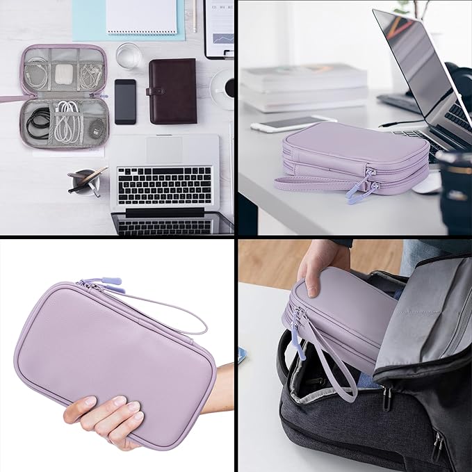 Leather Travel Electronic Organizer - Double Layer, Waterproof Case for Cables, Chargers, Phones & More - Portable, Shockproof Pouch for All Your Electronics Accessories (Light Purple, M)