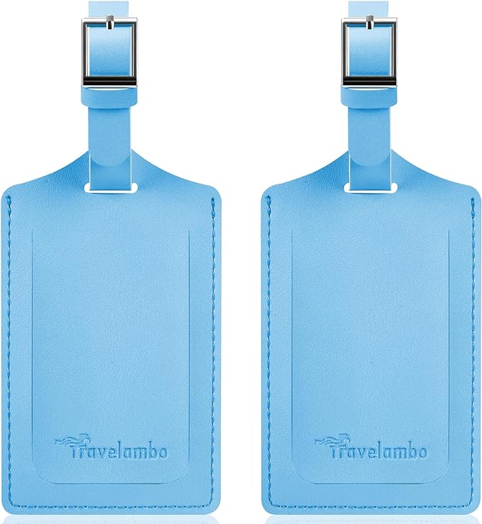 Travelambo Luggage Tags for Suitcases Faux Leather Privacy Protection 2 Pack Bag Tags Travel Accessories Essential, Light Blue