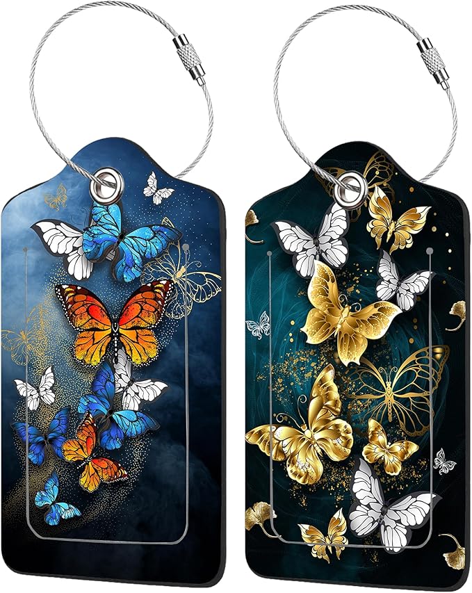 2 Pack Butterflies Luggage Tags for Suitcases,Butterflies in Flight Leather Baggage Suitcases Tag Name ID Label Privacy Cover Travel Bag Tags for Women Men Boys Girls