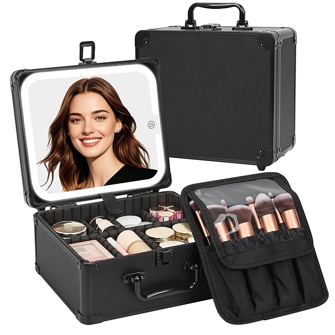Makeup Box with LED Mirror, Makeup Bag with Light up Mirror& Adjustable Dividers Travel Make up Train Case Portable Cosmetic Organizer Case Waterproof Organizer Bag Gifts for Women and Girls