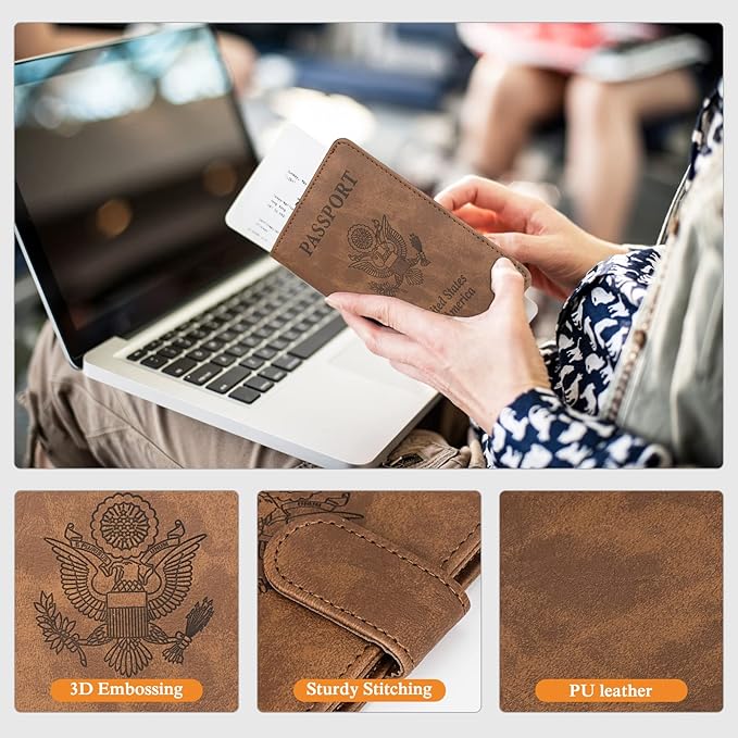 TIGARI Passport Holder for Travel Women Men, PU Leather Waterproof RFID Passport Holder Wallet Cover Case Sleeve, Family Vacation Plane Cruise Travel Document Organizer Essentials-Brown