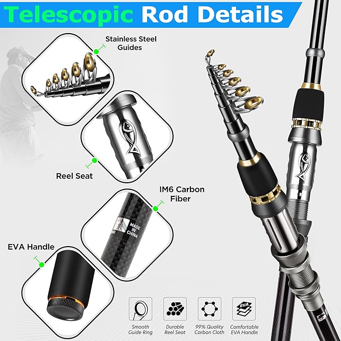 PLUSINNO Fishing Rod, Telescopic Fishing Rod and Reel Combo, Collapsible Travel Fishing Pole Rod Starter Kit, Carbon Fiber Fishing Rods and 12 +1 Bearings Stainless Steel, Fishing Gifts for Men Adults