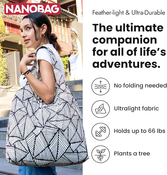 Nanobag Ultra-Lightweight Heavy Duty Foldable Tote for Women & Men, Reusable Grocery & Travel Bag, Packable Collapsible Compact Market Essential (XL Black)
