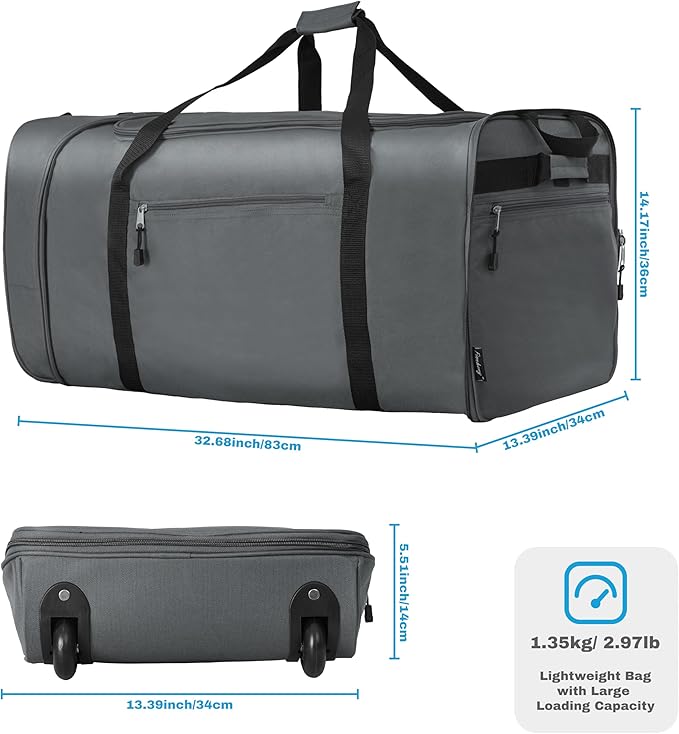 Finnhomy 100L Foldable Rolling Duffel Bag with 2 Wheels, Light Weight Travel Duffel bag with Large Loading Capacity, 32 inch Rolling Duffel bag with Shoulder Strap for Travel Camping Sports, Grey