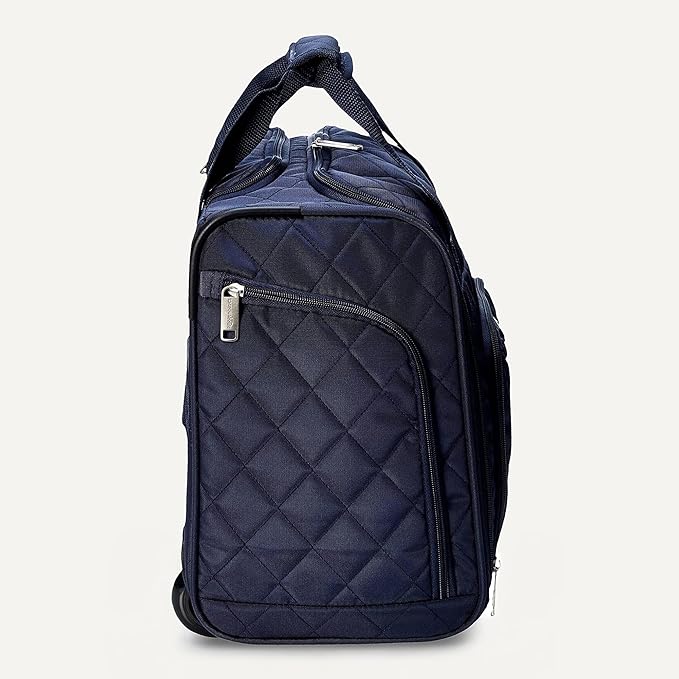 Amazon Basics Underseat Carry On Luggage with Wheels - 14" Rolling Travel Bag, Navy Quilted