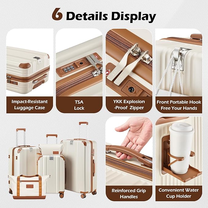 Luggage Set with PC+ABS Hardshell TSA Lock Spinner Wheels Carry on Lightweight Suitcase，YKK Zippers,Cup Holder(Beige, Carry-on 20 Inch)